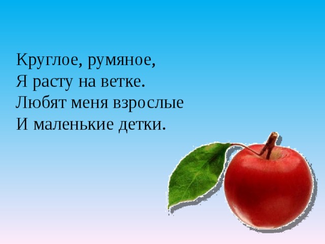 Круглое, румяное, Я расту на ветке. Любят меня взрослые И маленькие детки. 