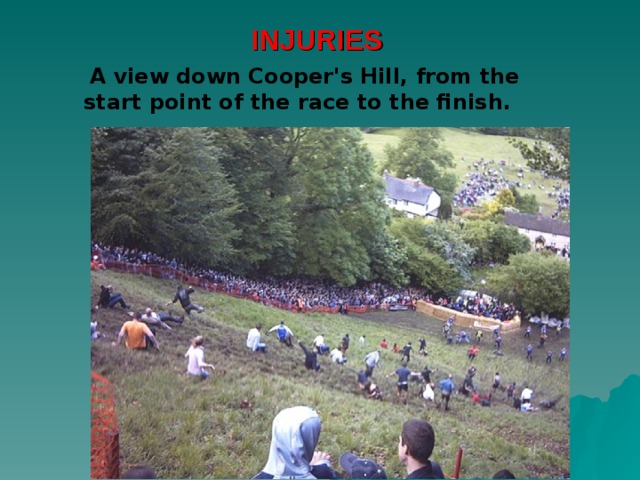 INJURIES  A view down Cooper's Hill, from the start point of the race to the finish. 
