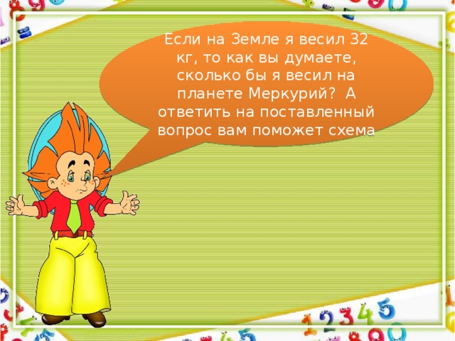 Если на Земле я весил 32 кг, то как вы думаете, сколько бы я весил на планете Меркурий? А ответить на поставленный вопрос вам поможет схема 