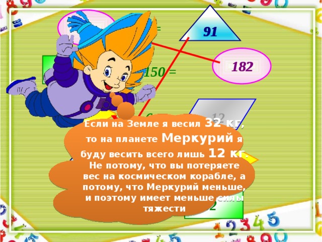 : 2 = 91 91 182 182 + 150 = : 6 = 12 Если на Земле я весил 32 кг , то на планете  Меркурий я буду весить всего лишь 12 кг . Не потому, что вы потеряете вес на космическом корабле, а потому, что Меркурий меньше, и поэтому имеет меньше силы тяжести 72 72 - 19 = 32 8 4 = 32 