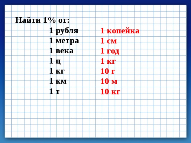 Найти 1% от: 1 рубля 1 метра 1 века 1 ц 1 кг 1 км 1 т 1 копейка 1 см 1 год 1 кг 10 г 10 м 10 кг 