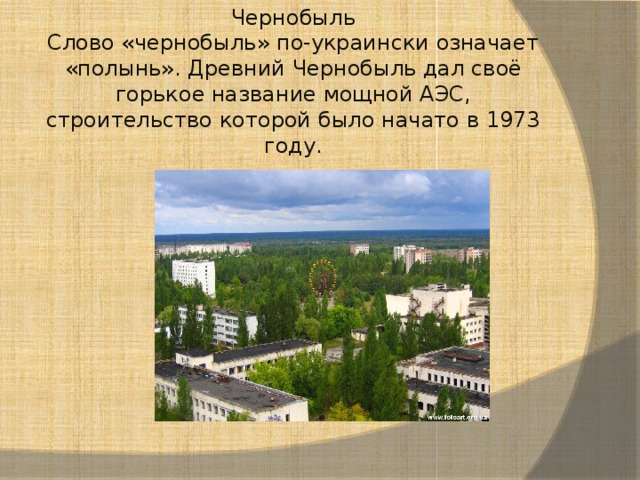 Чернобыль  Слово «чернобыль» по-украински означает «полынь». Древний Чернобыль дал своё горькое название мощной АЭС, строительство которой было начато в 1973 году. 