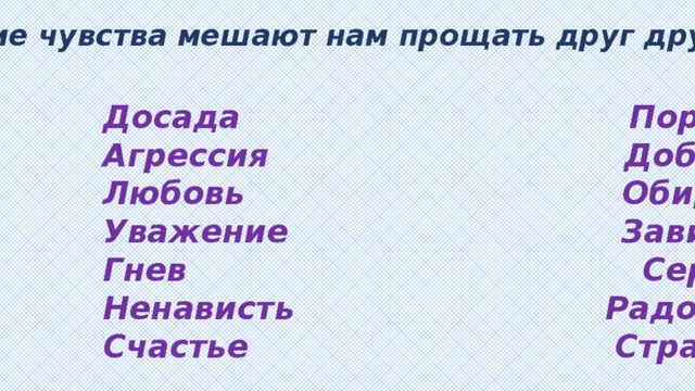 Какие чувства мешают нам прощать друг друга? Досада Порядочность Агрессия Доброта Любовь Обида Уважение Зависть Гнев Сердечность Ненависть Радость Счастье Страх 