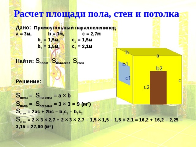 Расчет площади пола, стен и потолка Дано: Прямоугольный параллелепипед а = 3м, b = 3м, c = 2,7м  b 1 = 1,5м, c 1 = 1,5м  b 2 = 1,5м, c 2 = 2,1м  Найти: S пола , S потолка ,  S стен   Решение:  S пола = S потолка = a × b  S пола = S потолка = 3 × 3 = 9 (м 2 )    Спасибо за внимание!!! S стен = 2ас + 2bc – b 1 c 1 – b 2 c 2 S стен = 2 × 3 × 2,7 + 2 × 3 × 2,7 – 1,5 × 1,5 – 1,5 × 2,1 = 16,2 + 16,2 – 2,25 – 3,15 = 27,00 (м 2 ) 