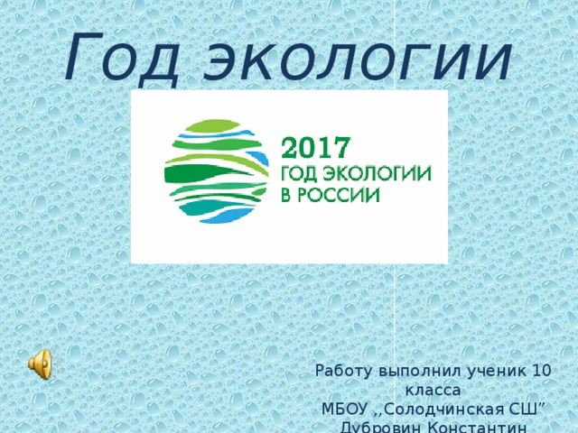 Год экологии Работу выполнил ученик 10 класса  МБОУ ,,Солодчинская СШ”  Дубровин Константин Сергеевич   