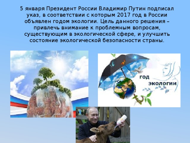 5 января Президент России Владимир Путин подписал указ, в соответствии с которым 2017 год в России объявлен годом экологии. Цель данного решения – привлечь внимание к проблемным вопросам, существующим в экологической сфере, и улучшить состояние экологической безопасности страны.   