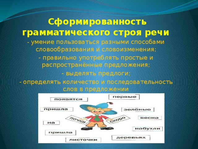 Сформированность грамматического строя речи -  умение пользоваться разными способами словообразования и словоизменения; - правильно употреблять простые и распространённые предложения; - выделять предлоги; - определять количество и последовательность слов в предложении 