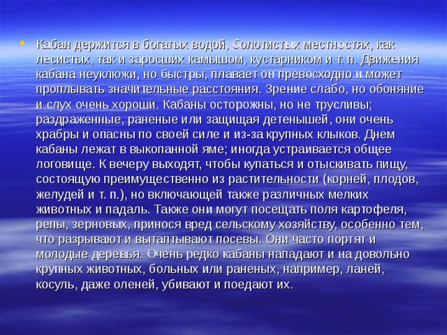 Кабан держится в богатых водой, болотистых местностях, как лесистых, так и заросших камышом, кустарником и т. п. Движения кабана неуклюжи, но быстры, плавает он превосходно и может проплывать значительные расстояния. Зрение слабо, но обоняние и слух очень хороши. Кабаны осторожны, но не трусливы; раздраженные, раненые или защищая детенышей, они очень храбры и опасны по своей силе и из-за крупных клыков. Днем кабаны лежат в выкопанной яме; иногда устраивается общее логовище. К вечеру выходят, чтобы купаться и отыскивать пищу, состоящую преимущественно из растительности (корней, плодов, желудей и т. п.), но включающей также различных мелких животных и падаль. Также они могут посещать поля картофеля, репы, зерновых, принося вред сельскому хозяйству, особенно тем, что разрывают и вытаптывают посевы. Они часто портят и молодые деревья. Очень редко кабаны нападают и на довольно крупных животных, больных или раненых, например, ланей, косуль, даже оленей, убивают и поедают их. 