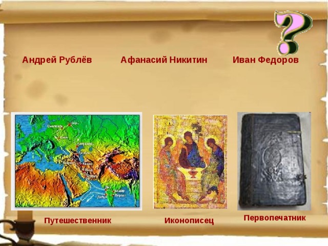 Андрей Рублёв Иван Федоров Афанасий Никитин Первопечатник Путешественник Иконописец
