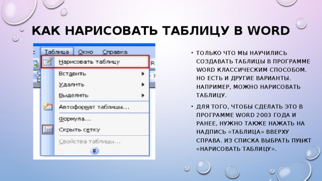 Как нарисовать таблицу в Word   Только что мы научились создавать таблицы в программе Word классическим способом. Но есть и другие варианты. Например, можно нарисовать таблицу. Для того, чтобы сделать это в программе Word 2003 года и ранее, нужно также нажать на надпись «Таблица» вверху справа. Из списка выбрать пункт «Нарисовать таблицу». 