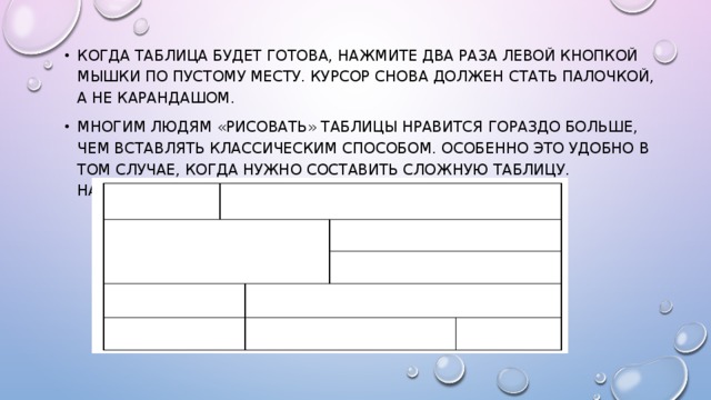 Когда таблица будет готова, нажмите два раза левой кнопкой мышки по пустому месту. Курсор снова должен стать палочкой, а не карандашом. Многим людям «рисовать» таблицы нравится гораздо больше, чем вставлять классическим способом. Особенно это удобно в том случае, когда нужно составить сложную таблицу. Например, такую: 