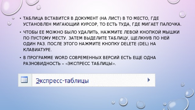 Таблица вставится в документ (на лист) в то место, где установлен мигающий курсор, то есть туда, где мигает палочка. Чтобы ее можно было удалить, нажмите левой кнопкой мышки по пустому месту. Затем выделите таблицу, щелкнув по ней один раз. После этого нажмите кнопку Delete (Del) на клавиатуре. В программе Word современных версий есть еще одна разновидность – «Экспресс таблицы». 