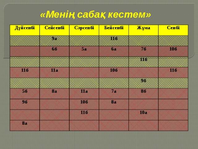 «Менің сабақ кестем»  Дүйсенбі Сейсенбі Сәрсенбі 9а Бейсенбі 6б 11б 5а Жұма 11б Сенбі 6а 11а 7б 5б 11б 10б 9б 10б 8а 11а 7а 10б 8а 9б 11б 8б 8а 11б 10а 
