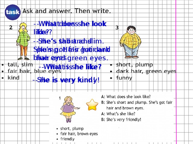 Translate and find the opposites: kind silly happy short fat, plump smart tall evil black fair slim dark white sad 