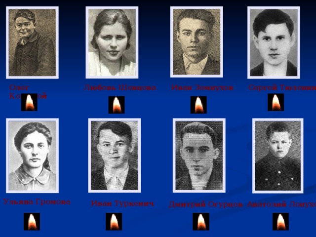 Олег Кошевой Любовь Шевцова Иван Земнухов Сергей Тюленин Ульяна Громова Иван Туркенич Дмитрий Огурцов Анатолий Лопухов 