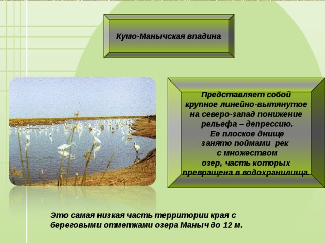 Кумо-Манычская впадина Представляет собой крупное линейно-вытянутое на северо-запад понижение  рельефа – депрессию.  Ее плоское днище занято поймами рек  с множеством озер, часть которых превращена в водохранилища. Это самая низкая часть территории края с береговыми отметками озера Маныч до 12 м. 