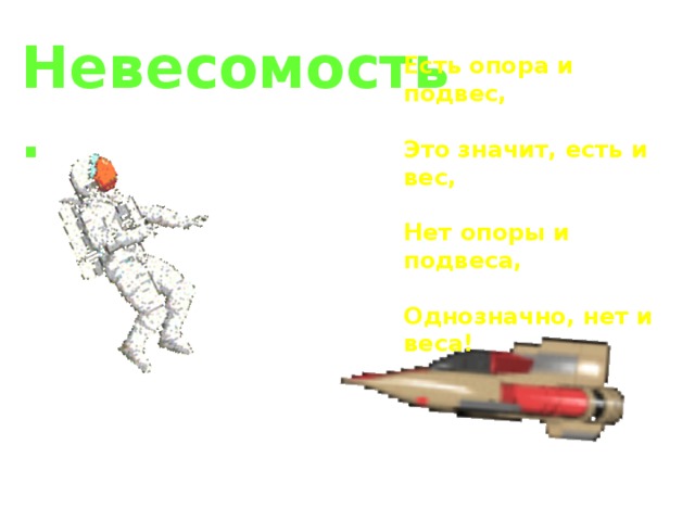 Невесомость. Есть опора и подвес,   Это значит, есть и вес,   Нет опоры и подвеса,   Однозначно, нет и веса! 