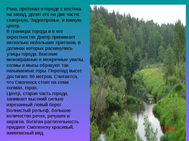 Река, протекая в городе с востока на запад, делит его на две части: северную, Заднепровье, и южную, центр. В границах города и в его окрестностях Днепр принимает несколько небольших притоков, в долинах которых раскинулись улицы города. Высокие межовражные и межречные увалы, холмы и мысы образуют так называемые горы. Перепад высот достигает 90 метров. Считается, что Смоленск стоит на семи холмах, горах. Центр, старая часть города, занимает высокий сильно изрезанный левый берег. Волнистый рельеф, большое количество речек, речушек и оврагов, богатая растительность придают Смоленску красивый, живописный вид. 