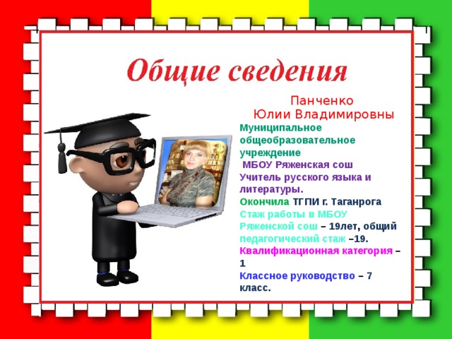 Панченко  Юлии Владимировны Муниципальное общеобразовательное учреждение  МБОУ Ряженская сош Учитель русского языка и литературы. Окончила ТГПИ г. Таганрога Стаж работы в МБОУ Ряженской сош – 19лет , общий  педагогический стаж – 19. Квалификационная категория – 1 Классное руководство – 7 класс.  