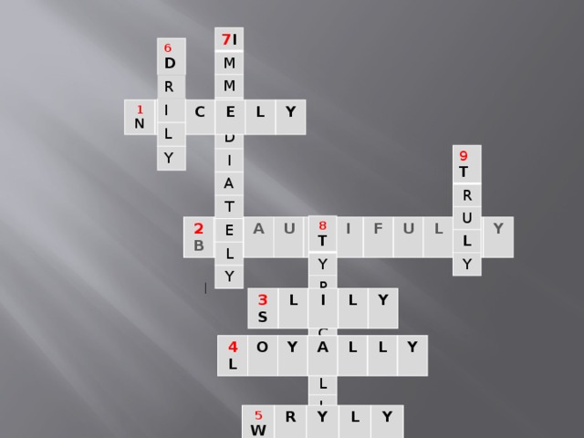 7 I M M D I A T E L Y 6 D R I L Y 1 N III C E L Y 9 T R U L Y 8 T Y P I C L L 2 B E A U T I F U L L Y 3 S L I L Y 4 L O Y A L L Y 5 W R Y L Y 