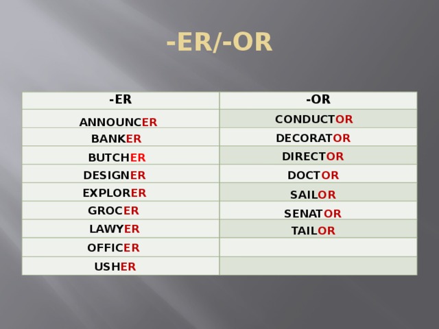 -ER/-OR -ER -OR       CONDUCT OR ANNOUNC ER DECORAT OR BANK ER DIRECT OR BUTCH ER DOCT OR DESIGN ER EXPLOR ER SAIL OR GROC ER SENAT OR LAWY ER TAIL OR OFFIC ER USH ER 