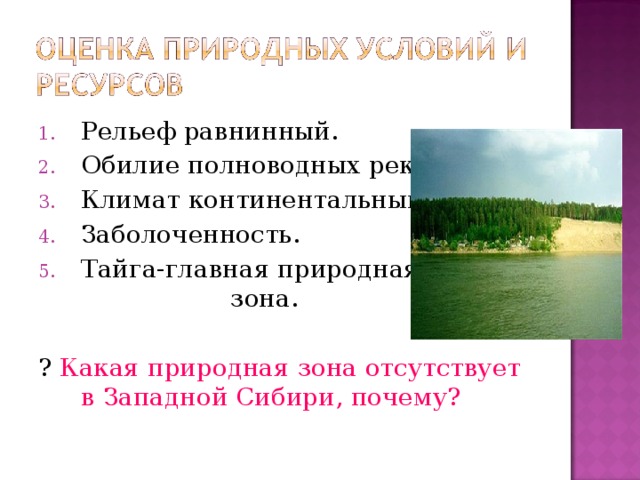 Рельеф равнинный. Обилие полноводных рек. Климат континентальный. Заболоченность. Тайга-главная природная зона. ? Какая природная зона отсутствует в Западной Сибири, почему? 