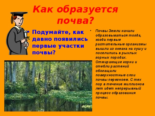 Как образуется почва? Подумайте, как давно появились первые участки почвы? Почвы Земли начали образовываться тогда, когда первые растительные организмы вышли из океана на сушу и поселились в рыхлых горных породах. Отмирающие корни и стебли растений обогащали поверхностные слои почвы перегноем. С тех пор в течение миллионов лет идет непрерывный процесс образования почвы. 
