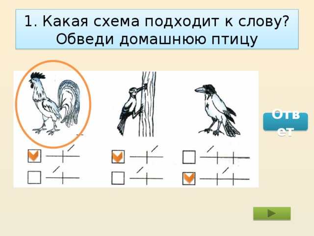 1. Какая схема подходит к слову? Обведи домашнюю птицу Ответ 