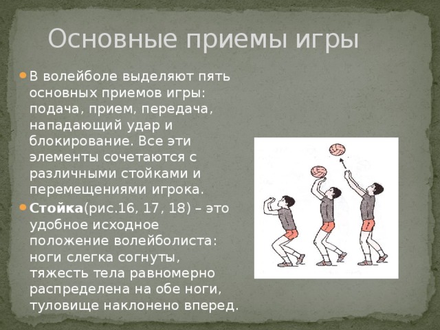 Основные приемы игры В волейболе выделяют пять основных приемов игры: подача, прием, передача, нападающий удар и блокирование. Все эти элементы сочетаются с различными стойками и перемещениями игрока. Стойка (рис.16, 17, 18) – это удобное исходное положение волейболиста: ноги слегка согнуты, тяжесть тела равномерно распределена на обе ноги, туловище наклонено вперед. 