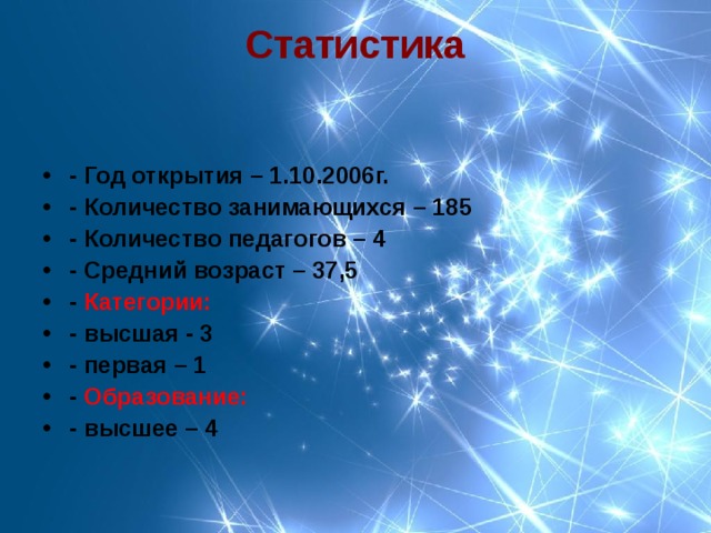 Статистика    - Год открытия – 1.10.2006г. - Количество занимающихся – 185 - Количество педагогов – 4 - Средний возраст – 37,5 - Категории: - высшая - 3 - первая – 1 - Образование: - высшее – 4  