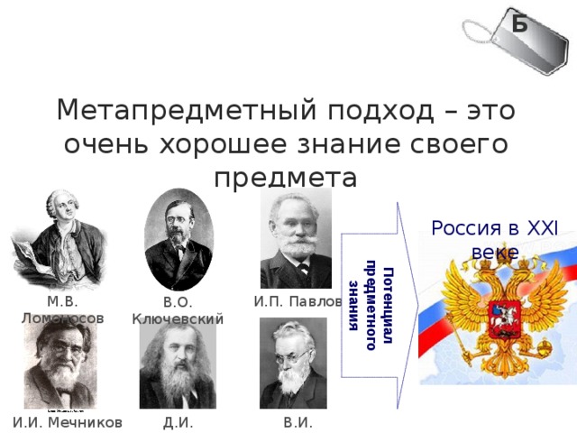 Б Метапредметный подход – это очень хорошее знание своего предмета Потенциал предметного знания Россия в XXI веке М.В. Ломоносов И.П. Павлов В.О. Ключевский В.И. Вернадский Д.И. Менделеев И.И. Мечников 