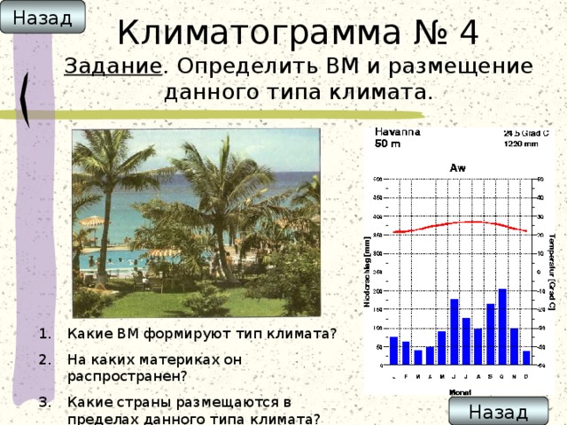 Назад Климатограмма № 4  Задание . Определить ВМ и размещение данного типа климата. Какие ВМ формируют тип климата? На каких материках он распространен? Какие страны размещаются в пределах данного типа климата? Назад 
