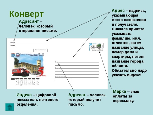 Конверт  Адрес –  надпись, указывающая место назначения и получателя. Сначала принято указывать фамилию, имя, отчество, затем название улицы, номер дома и квартиры, потом название города, области. Обязательно надо указать индекс! Адресант – человек, который отправляет письмо. Марка – знак оплаты за пересылку. Адресат – человек, который получит письмо. Индекс – цифровой показатель почтового отделения. 