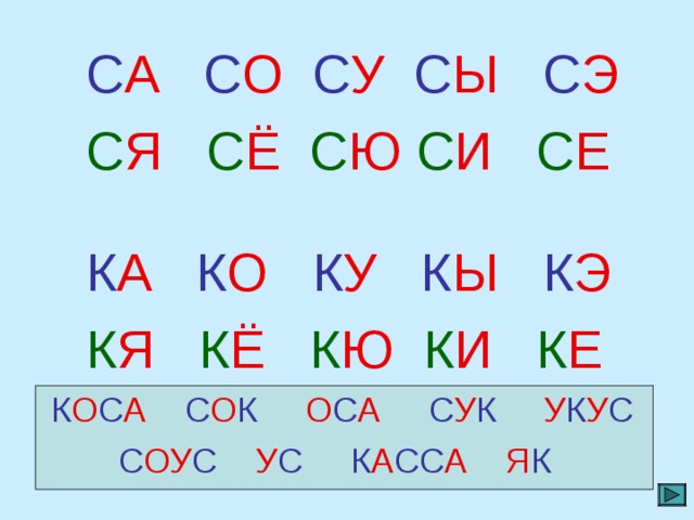  С А  С О  С У С Ы  С Э   С Я С Ё  С Ю  С И  С Е  К А  К О  К У К Ы  К Э   К Я К Ё  К Ю  К И  К Е  К О С А С О К О С А С У К У К У С  С ОУ С У С  К А СС А Я К  