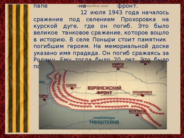  Второе письмо он пишет своему папе на фронт.  12 июля 1943 года началось сражение под селением Прохоровка на курской дуге, где он погиб. Это было великое танковое сражение, которое вошло в историю. В селе Поныри стоит памятник погибшим героям. На мемориальной доске указано имя прадеда. Он погиб сражаясь за Родину. Ему тогда было 20 лет. Это было последнее письмо. 