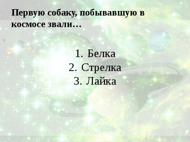 Первую собаку, побывавшую в космосе звали… Белка Стрелка Лайка 