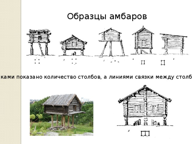 Образцы амбаров Точками показано количество столбов, а линиями связки между столбами. 