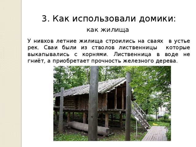 3. Как использовали домики: как жилища У нивхов летние жилища строились на сваях в устье рек. Сваи были из стволов лиственницы которые выкапывались с корнями. Лиственница в воде не гниёт, а приобретает прочность железного дерева. 