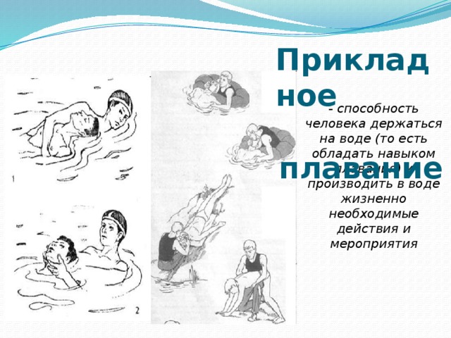 Прикладное  плавание - способность человека держаться на воде (то есть обладать навыком плавания) и производить в воде жизненно необходимые действия и мероприятия 