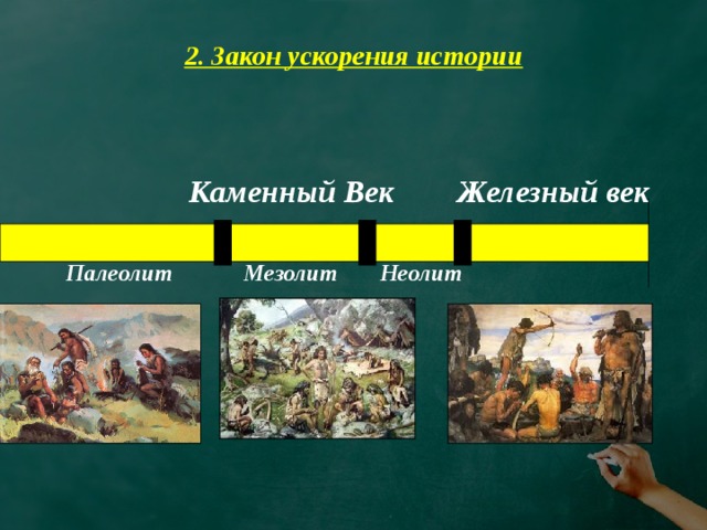 2. Закон ускорения истории  Каменный Век Железный век   Палеолит Мезолит Неолит  