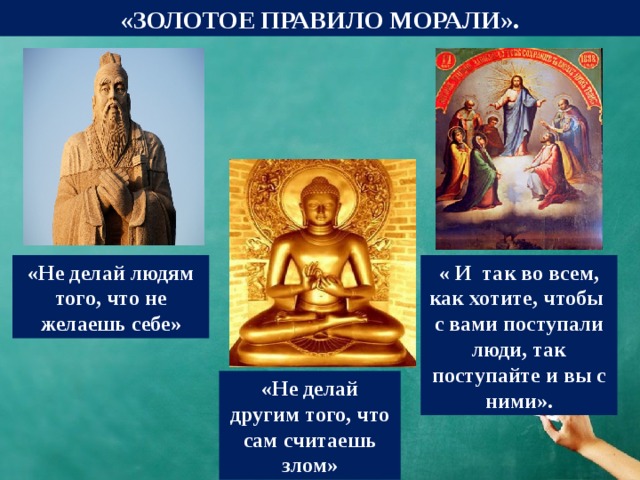 «ЗОЛОТОЕ ПРАВИЛО МОРАЛИ». «Не делай людям того, что не желаешь себе» « И так во всем, как хотите, чтобы с вами поступали люди, так поступайте и вы с ними». «Не делай другим того, что сам считаешь злом» 