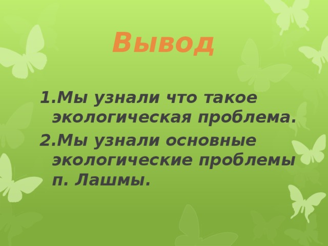 Вывод Мы узнали что такое экологическая проблема. Мы узнали основные экологические проблемы п. Лашмы. 