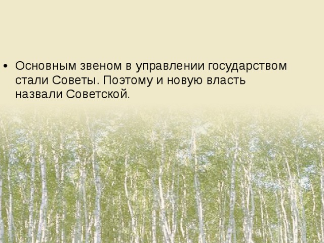 Основным звеном в управлении государством стали Советы. Поэтому и новую власть назвали Советской.
