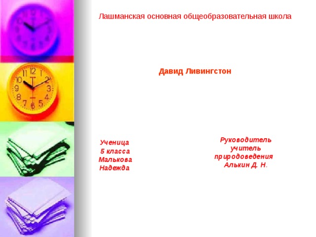 Лашманская основная общеобразовательная школа Давид Ливингстон Руководитель  учитель природоведения  Алькин Д. Н . Ученица 5 класса Малькова Надежда  