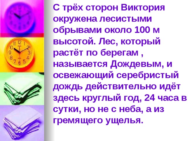 С трёх сторон Виктория окружена лесистыми обрывами около 100 м высотой. Лес, который растёт по берегам , называется Дождевым, и освежающий серебристый дождь действительно идёт здесь круглый год, 24 часа в сутки, но не с неба, а из гремящего ущелья.    
