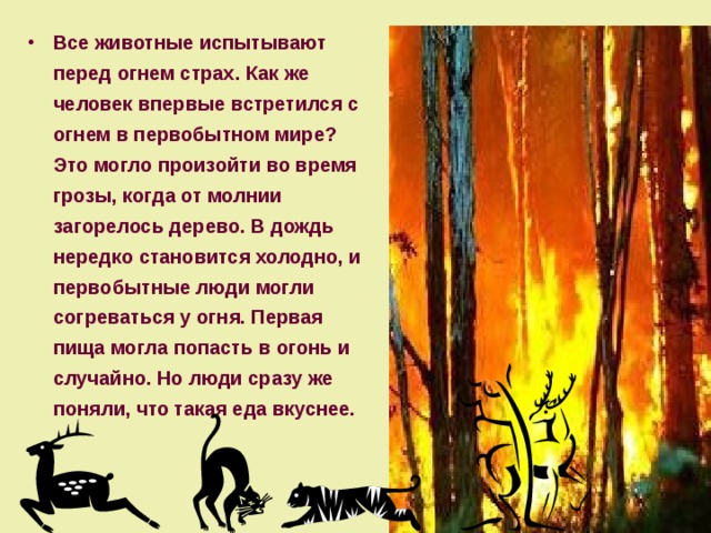 Все животные испытывают перед огнем страх. Как же человек впервые встретился с огнем в первобытном мире? Это могло произойти во время грозы, когда от молнии загорелось дерево. В дождь нередко становится холодно, и первобытные люди могли согреваться у огня. Первая пища могла попасть в огонь и случайно. Но люди сразу же поняли, что такая еда вкуснее.