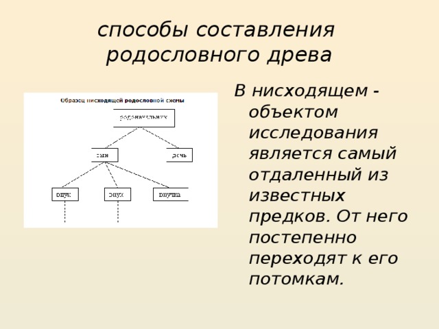 способы составления  родословного древа В нисходящем - объектом исследования является самый отдаленный из известных предков. От него постепенно переходят к его потомкам.  