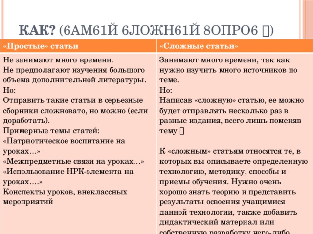 Как? (6ам61й 6ложн61й 8опро6  ) «Простые» статьи «Сложные статьи» Не занимают много времени. Не предполагают изучения большого объема дополнительной литературы. Занимают много времени, так как нужно изучить много источников по теме. Но: Но: Написав «сложную» статью, ее можно будет отправлять несколько раз в разные издания, всего лишь поменяв тему  Отправить такие статьи в серьезные сборники сложновато, но можно (если доработать). Примерные темы статей: «Патриотическое воспитание на уроках…» К «сложным» статьям относятся те, в которых вы описываете определенную технологию, методику, способы и приемы обучения. Нужно очень хорошо знать теорию и представить результаты освоения учащимися данной технологии, также добавить дидактический материал или собственную разработку чего-либо (таблицы, карты, листов, тетради и прочее). «Межпредметные связи на уроках…» «Использование НРК-элемента на уроках….» Конспекты уроков, внеклассных мероприятий 