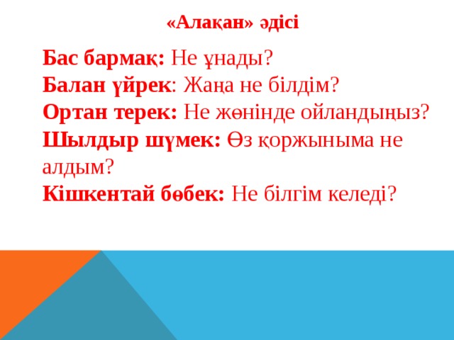 «Алақан» әдісі  Бас бармақ: Не ұнады? Балан үйрек : Жаңа не білдім? Ортан терек: Не жөнінде ойландыңыз? Шылдыр шүмек: Өз қоржыныма не алдым? Кішкентай бөбек: Не білгім келеді? 