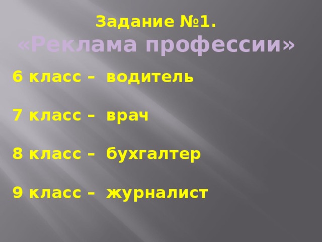 Задание №1. «Реклама профессии»  6 класс – водитель  7 класс – врач  8 класс – бухгалтер  9 класс – журналист  